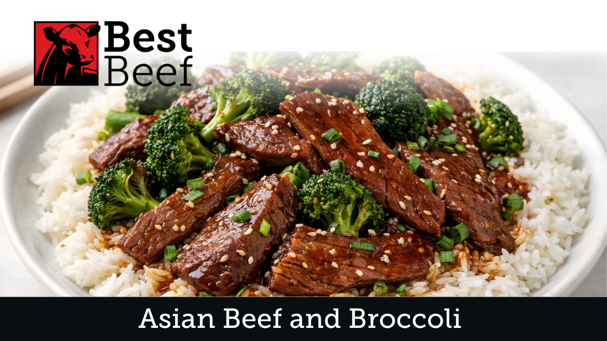 Asian beef and broccoli served over white rice with sesame seeds and green onions, featuring tender sliced beef in a rich savory sauce